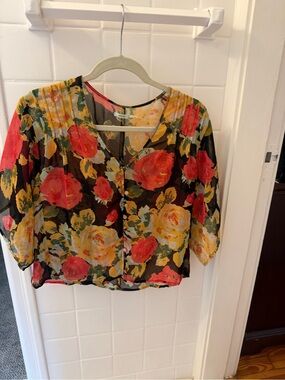 Kimchi Blue Black Sheer Blouse with Red & Yellow Floral Print